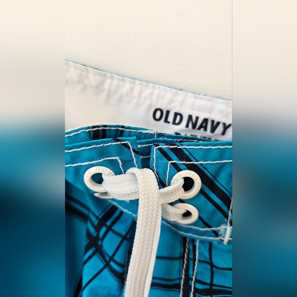 Old Navy AQUA Swimming Shorts Pockets Cord White Blue Plaid UPF40 size XL - Picture 6 of 7